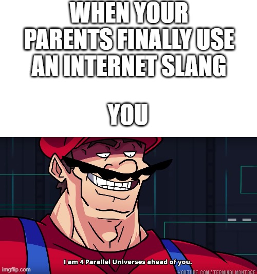 what a newbie | WHEN YOUR PARENTS FINALLY USE AN INTERNET SLANG; YOU | image tagged in i am 4 parallel universes ahead of you,yes | made w/ Imgflip meme maker