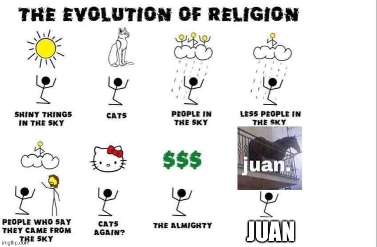 juan. |  JUAN | image tagged in the evolution of religion | made w/ Imgflip meme maker