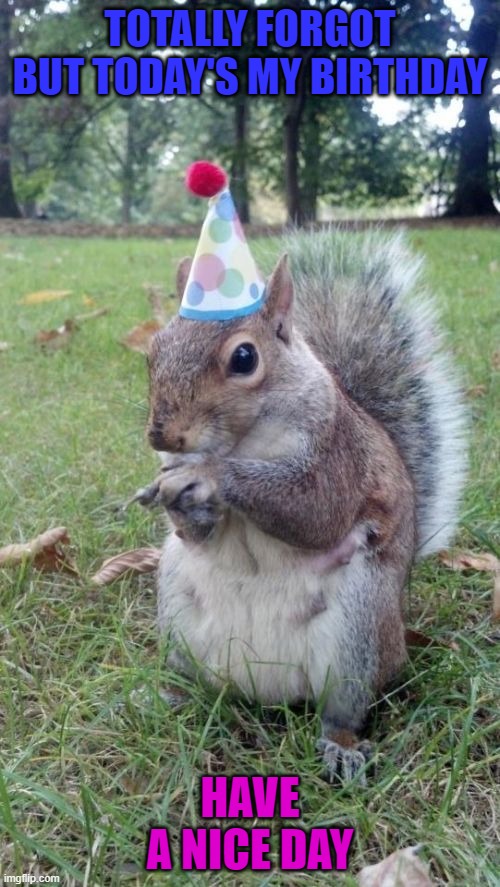I forgot until my mom reminded me lmao. | TOTALLY FORGOT BUT TODAY'S MY BIRTHDAY; HAVE A NICE DAY | image tagged in memes,super birthday squirrel | made w/ Imgflip meme maker