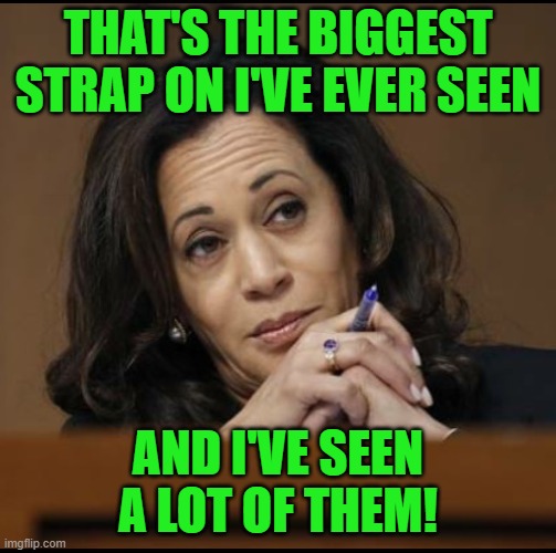 Kamala Harris  | THAT'S THE BIGGEST STRAP ON I'VE EVER SEEN AND I'VE SEEN A LOT OF THEM! | image tagged in kamala harris | made w/ Imgflip meme maker