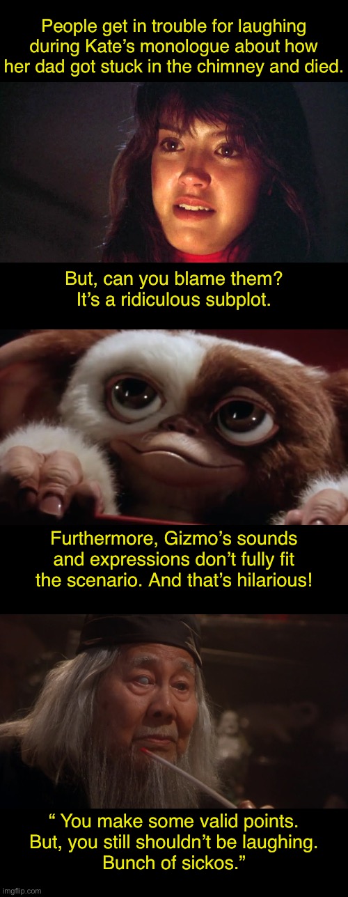 Gremlins: The Scene That Should Have Been Cut During Post-Production | People get in trouble for laughing during Kate’s monologue about how her dad got stuck in the chimney and died. But, can you blame them? It’s a ridiculous subplot. Furthermore, Gizmo’s sounds and expressions don’t fully fit the scenario. And that’s hilarious! “ You make some valid points.
But, you still shouldn’t be laughing.
Bunch of sickos.” | image tagged in funny memes,dark humor,gremlins | made w/ Imgflip meme maker
