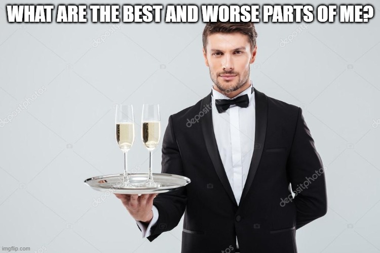 Butler | WHAT ARE THE BEST AND WORSE PARTS OF ME? | image tagged in butler | made w/ Imgflip meme maker