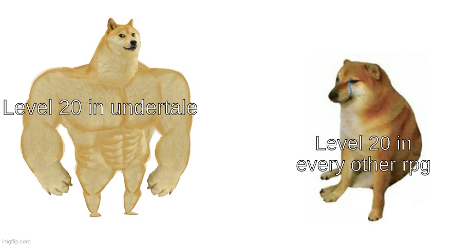 Buff Doge vs Crying Cheems | Level 20 in undertale; Level 20 in every other rpg | image tagged in buff doge vs crying cheems | made w/ Imgflip meme maker