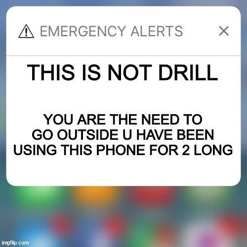 Emergency Alert | THIS IS NOT DRILL; YOU ARE THE NEED TO GO OUTSIDE U HAVE BEEN USING THIS PHONE FOR 2 LONG | image tagged in emergency alert | made w/ Imgflip meme maker
