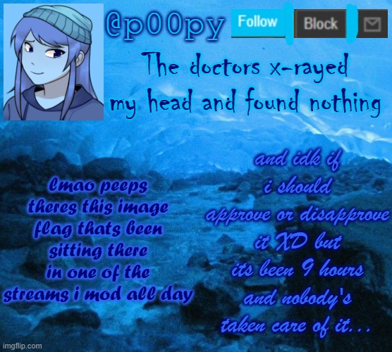 lmao peeps theres this image flag thats been sitting there in one of the streams i mod all day; and idk if i should approve or disapprove it XD but its been 9 hours and nobody's taken care of it... | image tagged in poopy | made w/ Imgflip meme maker