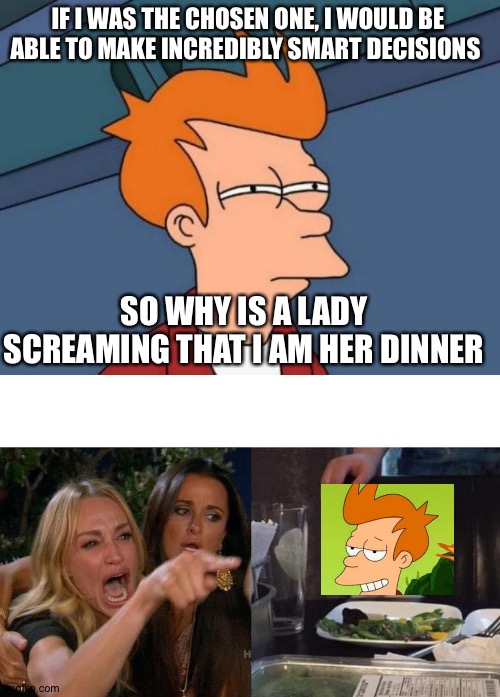 IF I WAS THE CHOSEN ONE, I WOULD BE ABLE TO MAKE INCREDIBLY SMART DECISIONS; SO WHY IS A LADY SCREAMING THAT I AM HER DINNER | image tagged in memes,futurama fry,woman yelling at cat | made w/ Imgflip meme maker