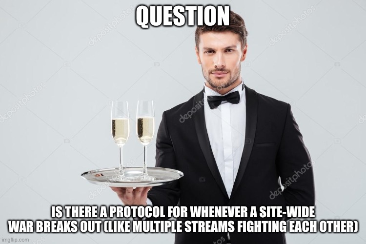 Just curious. | QUESTION; IS THERE A PROTOCOL FOR WHENEVER A SITE-WIDE WAR BREAKS OUT (LIKE MULTIPLE STREAMS FIGHTING EACH OTHER) | image tagged in butler | made w/ Imgflip meme maker