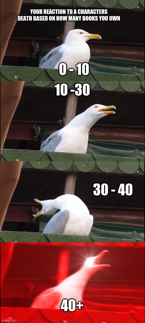 Inhaling Seagull Meme | YOUR REACTION TO A CHARACTERS DEATH BASED ON HOW MANY BOOKS YOU OWN; 0 - 10; 10 -30; 30 - 40; 40+ | image tagged in memes,inhaling seagull,book lover | made w/ Imgflip meme maker