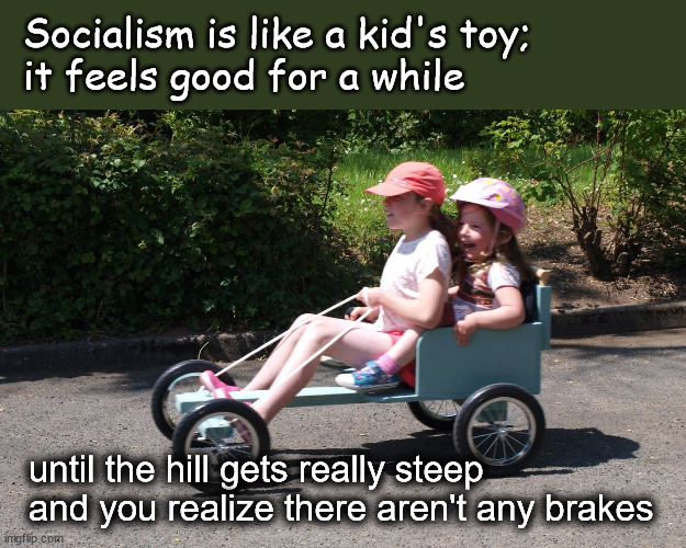 Socialism is like a kid's toy | Socialism is like a kid's toy;
it feels good for a while; until the hill gets really steep
and you realize there aren't any brakes | image tagged in politics | made w/ Imgflip meme maker