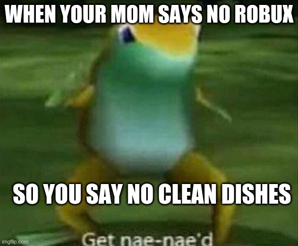 Get nae-nae'd | WHEN YOUR MOM SAYS NO ROBUX; SO YOU SAY NO CLEAN DISHES | image tagged in get nae-nae'd | made w/ Imgflip meme maker