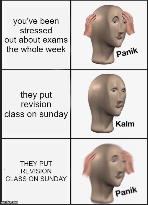 I got classes on sunday | you've been stressed out about exams the whole week; they put revision class on sunday; THEY PUT REVISION CLASS ON SUNDAY | image tagged in memes,panik kalm panik | made w/ Imgflip meme maker