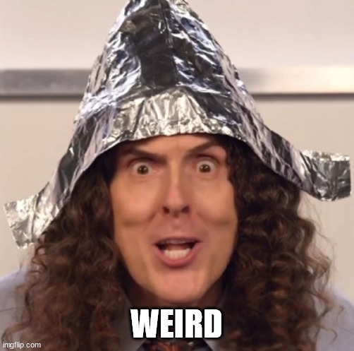 Weird al tinfoil hat | WEIRD | image tagged in weird al tinfoil hat | made w/ Imgflip meme maker