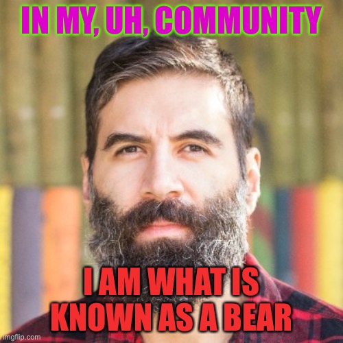IN MY, UH, COMMUNITY; I AM WHAT IS KNOWN AS A BEAR | made w/ Imgflip meme maker