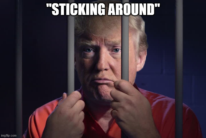 Trump Prison | "STICKING AROUND" | image tagged in trump prison | made w/ Imgflip meme maker
