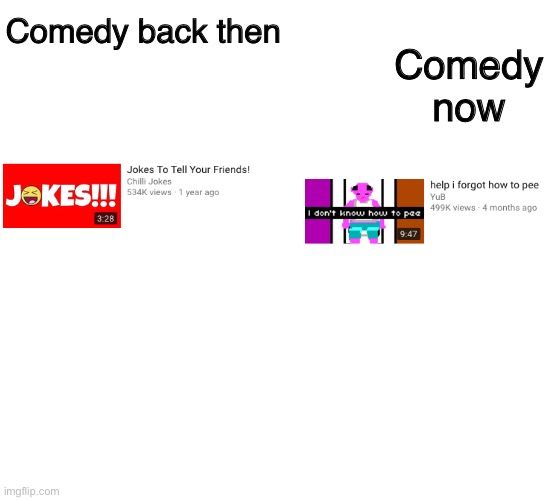 KOMEDY | Comedy now; Comedy back then | image tagged in blank white template,comedy,youtube,video,jokes,yub | made w/ Imgflip meme maker