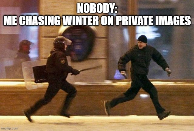 LMAO I WILL FIND YOU AND REPLY TO YoUR COMMENTSSSSSSSSSS | NOBODY:
ME CHASING WINTER ON PRIVATE IMAGES | image tagged in police chasing guy | made w/ Imgflip meme maker