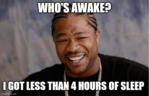 Plus I have places to be today | WHO'S AWAKE? I GOT LESS THAN 4 HOURS OF SLEEP | image tagged in memes,yo dawg heard you | made w/ Imgflip meme maker
