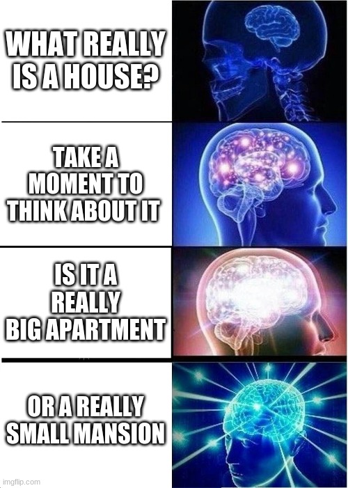 Expanding Brain | WHAT REALLY IS A HOUSE? TAKE A MOMENT TO THINK ABOUT IT; IS IT A REALLY BIG APARTMENT; OR A REALLY SMALL MANSION | image tagged in memes,expanding brain | made w/ Imgflip meme maker