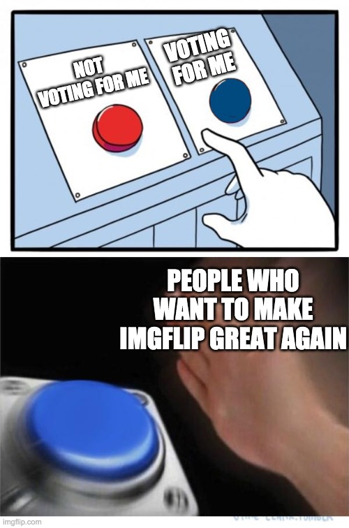 Vote for WhiteNatCap on December 29! | VOTING FOR ME; NOT VOTING FOR ME; PEOPLE WHO WANT TO MAKE IMGFLIP GREAT AGAIN | image tagged in two buttons 1 blue,memes,politics | made w/ Imgflip meme maker