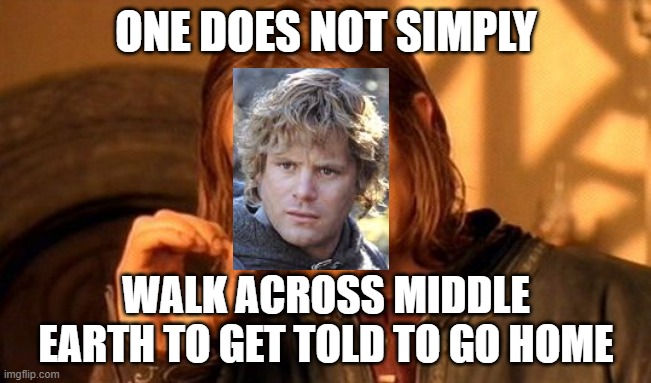 One Does Not Simply | ONE DOES NOT SIMPLY; WALK ACROSS MIDDLE EARTH TO GET TOLD TO GO HOME | image tagged in memes,one does not simply | made w/ Imgflip meme maker