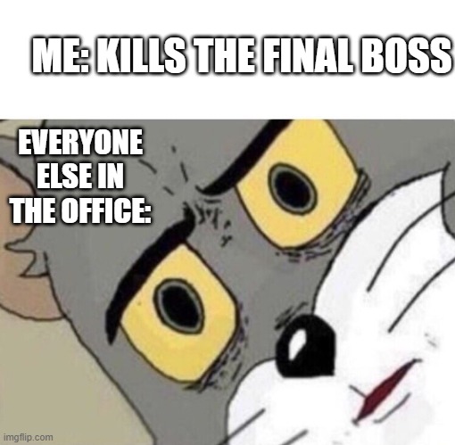 Me: Everyone else: | ME: KILLS THE FINAL BOSS; EVERYONE ELSE IN THE OFFICE: | image tagged in me everyone else | made w/ Imgflip meme maker