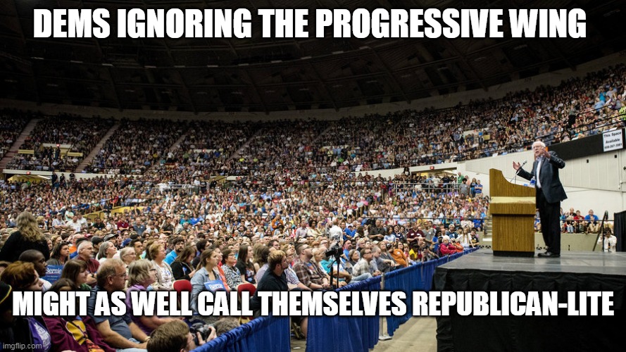 This is why I study how my reps actually vote. Just having a D next to your name doesn't earn you my vote | DEMS IGNORING THE PROGRESSIVE WING; MIGHT AS WELL CALL THEMSELVES REPUBLICAN-LITE | image tagged in bernie sanders crowd | made w/ Imgflip meme maker