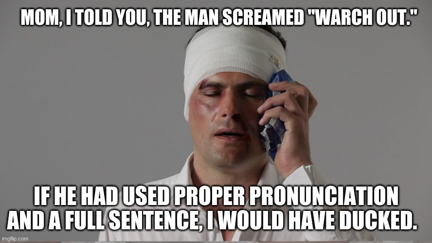 Pro nonce words an spel corectly | MOM, I TOLD YOU, THE MAN SCREAMED "WARCH OUT."; IF HE HAD USED PROPER PRONUNCIATION AND A FULL SENTENCE, I WOULD HAVE DUCKED. | image tagged in injury,spellin,that hurt,eductaion,elitist logic,warch out | made w/ Imgflip meme maker