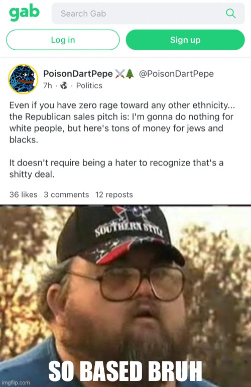 GOP isn’t racist enough we’re gonna form our own party maga | SO BASED BRUH | image tagged in gab racism,uhhh,maga,racism,racist,conservative logic | made w/ Imgflip meme maker