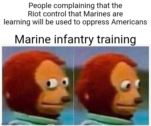 Marine riot control will impress us | People complaining that the Riot control that Marines are learning will be used to oppress Americans; Marine infantry training | image tagged in memes,monkey puppet,USMC | made w/ Imgflip meme maker