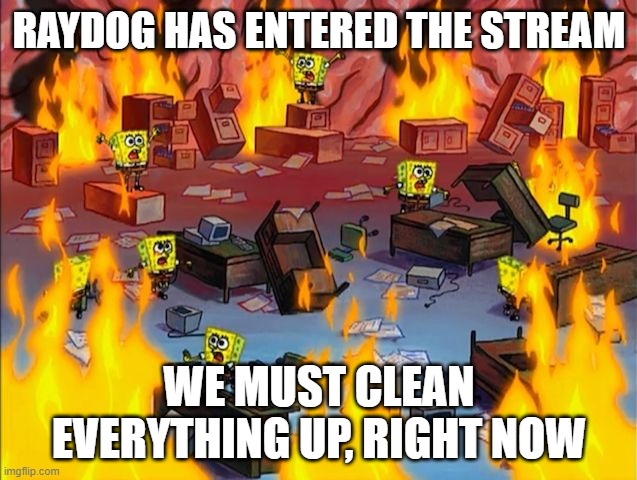 spongebob fire | RAYDOG HAS ENTERED THE STREAM; WE MUST CLEAN EVERYTHING UP, RIGHT NOW | image tagged in spongebob fire | made w/ Imgflip meme maker