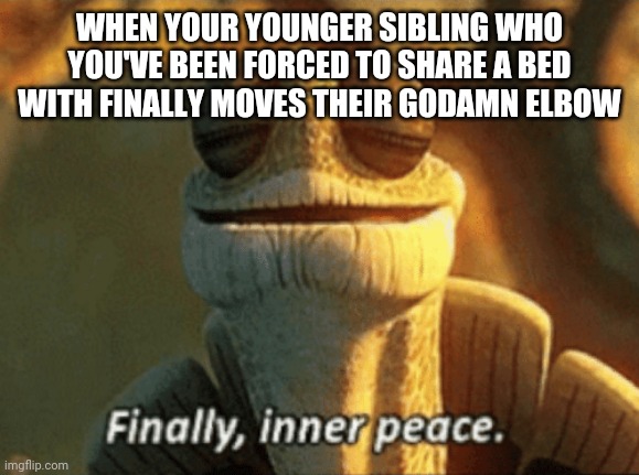 Rest at last | WHEN YOUR YOUNGER SIBLING WHO YOU'VE BEEN FORCED TO SHARE A BED WITH FINALLY MOVES THEIR GODAMN ELBOW | image tagged in finally inner peace | made w/ Imgflip meme maker