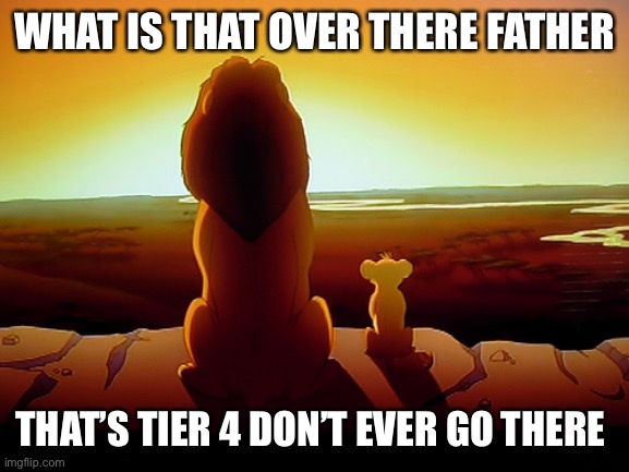Lion King | WHAT IS THAT OVER THERE FATHER; THAT’S TIER 4 DON’T EVER GO THERE | image tagged in memes,lion king | made w/ Imgflip meme maker