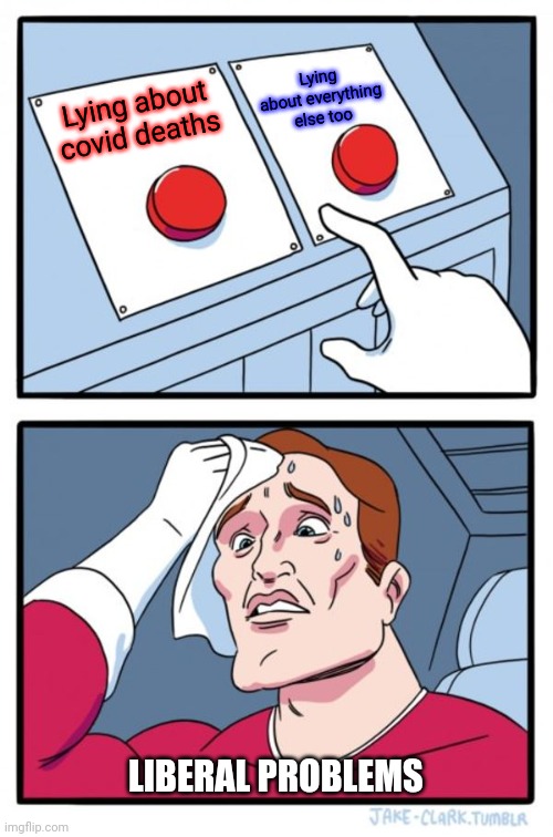 Two Buttons Meme | Lying about covid deaths Lying about everything else too LIBERAL PROBLEMS | image tagged in memes,two buttons | made w/ Imgflip meme maker