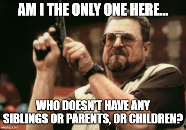Am I The Only One Around Here | AM I THE ONLY ONE HERE... WHO DOESN'T HAVE ANY SIBLINGS OR PARENTS, OR CHILDREN? | image tagged in memes,am i the only one around here | made w/ Imgflip meme maker