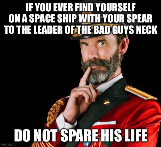 captain obvious | IF YOU EVER FIND YOURSELF ON A SPACE SHIP WITH YOUR SPEAR TO THE LEADER OF THE BAD GUYS NECK; DO NOT SPARE HIS LIFE | image tagged in captain obvious | made w/ Imgflip meme maker