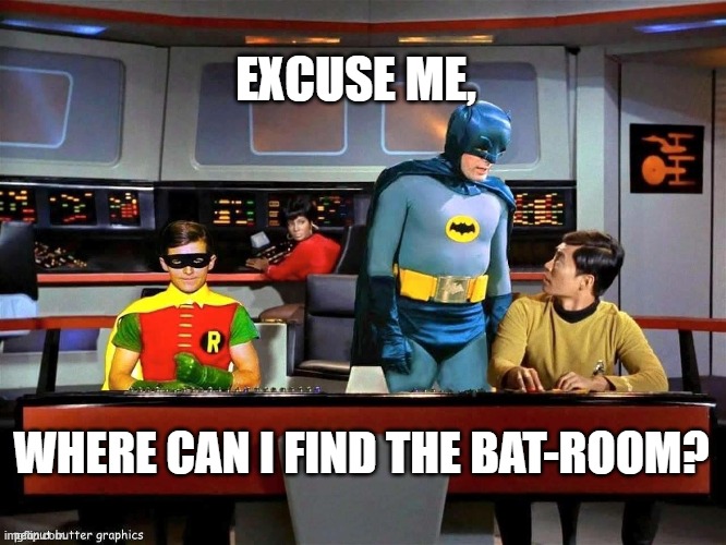 Batman Star Trek  | EXCUSE ME, WHERE CAN I FIND THE BAT-ROOM? | image tagged in batman star trek | made w/ Imgflip meme maker