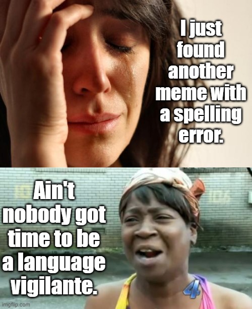 You're not in English class, dumbass! | I just found another meme with a spelling error. Ain't nobody got time to be a language vigilante. | image tagged in memes,first world problems,ain't nobody got time for that,bad grammar and spelling memes,get a life | made w/ Imgflip meme maker