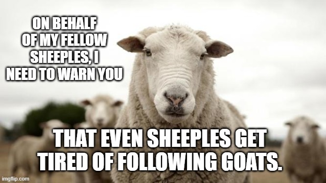 Sheep | ON BEHALF OF MY FELLOW SHEEPLES, I NEED TO WARN YOU; THAT EVEN SHEEPLES GET TIRED OF FOLLOWING GOATS. | image tagged in sheep | made w/ Imgflip meme maker