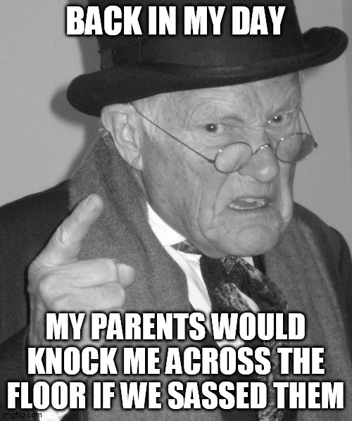 Back in my day | BACK IN MY DAY MY PARENTS WOULD KNOCK ME ACROSS THE FLOOR IF WE SASSED THEM | image tagged in back in my day | made w/ Imgflip meme maker