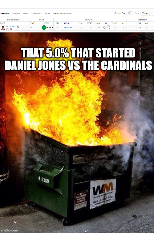 shoot | THAT 5.0% THAT STARTED DANIEL JONES VS THE CARDINALS | image tagged in dumpster fire | made w/ Imgflip meme maker
