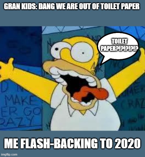 Homer Going Crazy |  GRAN KIDS: DANG WE ARE OUT OF TOILET PAPER; TOILET PAPER?!?!?!?!? ME FLASH-BACKING TO 2020 | image tagged in homer going crazy | made w/ Imgflip meme maker