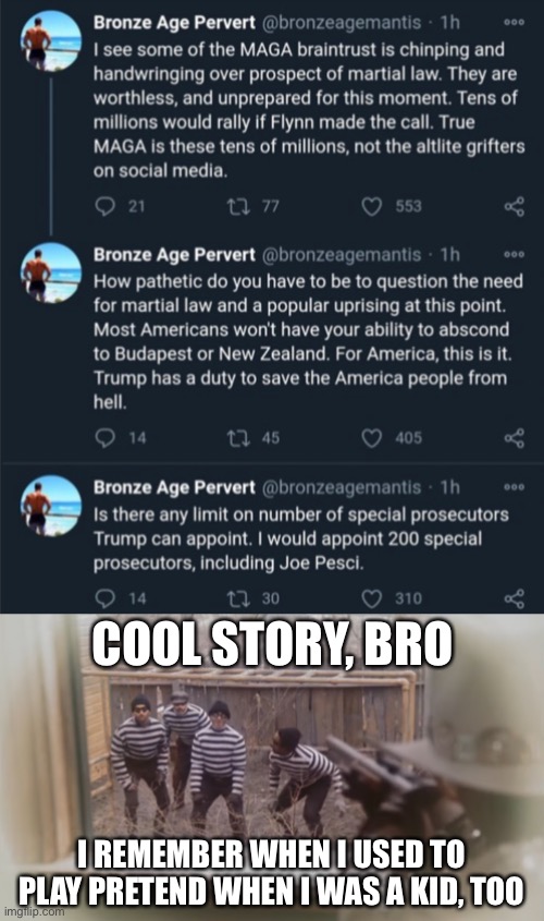 Inspired by Kammee Kazzee | COOL STORY, BRO; I REMEMBER WHEN I USED TO PLAY PRETEND WHEN I WAS A KID, TOO | image tagged in a christmas story,qanon,election 2020 | made w/ Imgflip meme maker