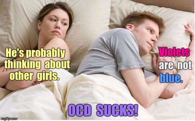 Yes--I DID wind up LOOKING UP the color ... | Violets are not blue; He's probably thinking about other girls. OCD  SUCKS! | image tagged in colors,ocd,rick75230,he's probably thinking about girls | made w/ Imgflip meme maker