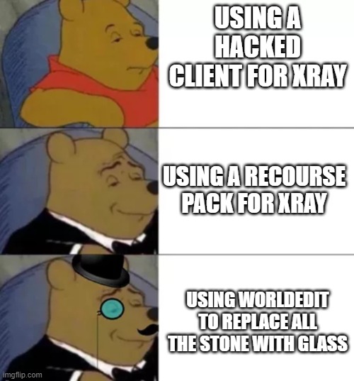 fancy winnie the pooh | USING A HACKED CLIENT FOR XRAY; USING A RECOURSE PACK FOR XRAY; USING WORLDEDIT TO REPLACE ALL THE STONE WITH GLASS | image tagged in fancy winnie the pooh | made w/ Imgflip meme maker