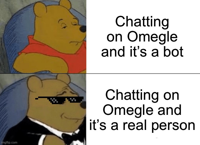 It’s extremely rare for this to happen | Chatting on Omegle and it’s a bot; Chatting on Omegle and it’s a real person | image tagged in memes,tuxedo winnie the pooh,omegle,dank memes | made w/ Imgflip meme maker