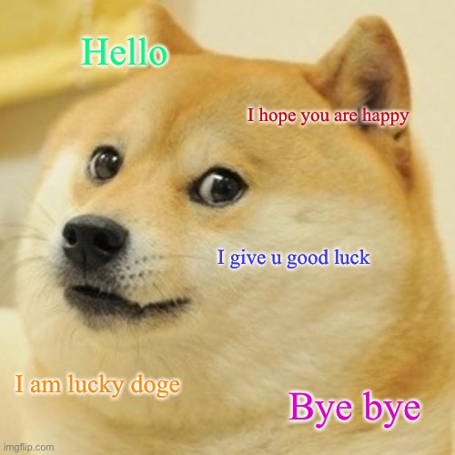 Luck doge | Hello; I hope you are happy; I give u good luck; I am lucky doge; Bye bye | image tagged in memes,doge | made w/ Imgflip meme maker