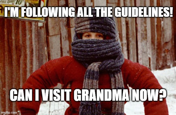 randy christmas story | I'M FOLLOWING ALL THE GUIDELINES! CAN I VISIT GRANDMA NOW? | image tagged in randy christmas story | made w/ Imgflip meme maker