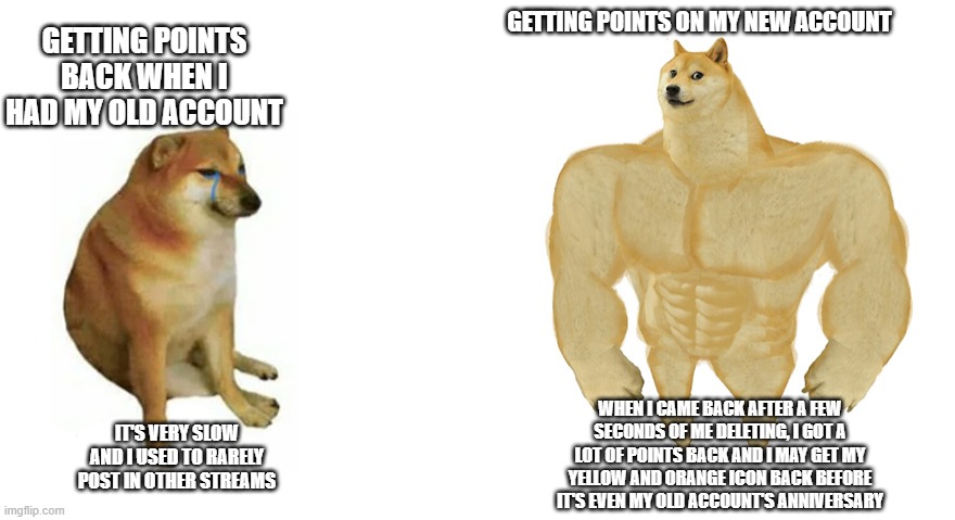 Swole Doge vs. Cheems flipped | GETTING POINTS BACK WHEN I HAD MY OLD ACCOUNT; GETTING POINTS ON MY NEW ACCOUNT; WHEN I CAME BACK AFTER A FEW SECONDS OF ME DELETING, I GOT A LOT OF POINTS BACK AND I MAY GET MY YELLOW AND ORANGE ICON BACK BEFORE IT'S EVEN MY OLD ACCOUNT'S ANNIVERSARY; IT'S VERY SLOW AND I USED TO RARELY POST IN OTHER STREAMS | image tagged in swole doge vs cheems flipped | made w/ Imgflip meme maker