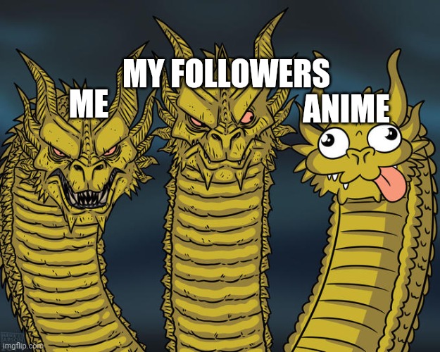the person who made this is mega gae | MY FOLLOWERS; ANIME; ME | image tagged in three-headed dragon | made w/ Imgflip meme maker