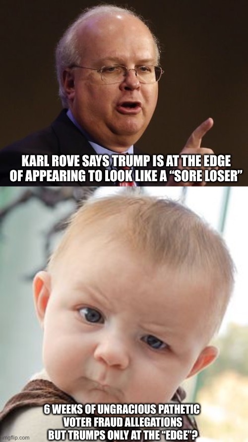 The Edge of Trump | KARL ROVE SAYS TRUMP IS AT THE EDGE OF APPEARING TO LOOK LIKE A “SORE LOSER”; 6 WEEKS OF UNGRACIOUS PATHETIC 
VOTER FRAUD ALLEGATIONS BUT TRUMPS ONLY AT THE “EDGE”? | image tagged in donald trump,maga,voter fraud,joe biden,president,winner | made w/ Imgflip meme maker